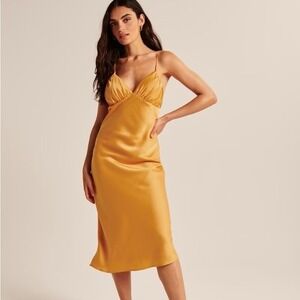 Abercrombie & Fitch Satin Midi Slip Dress Mustard Yellow Gold Ruched Bust LT